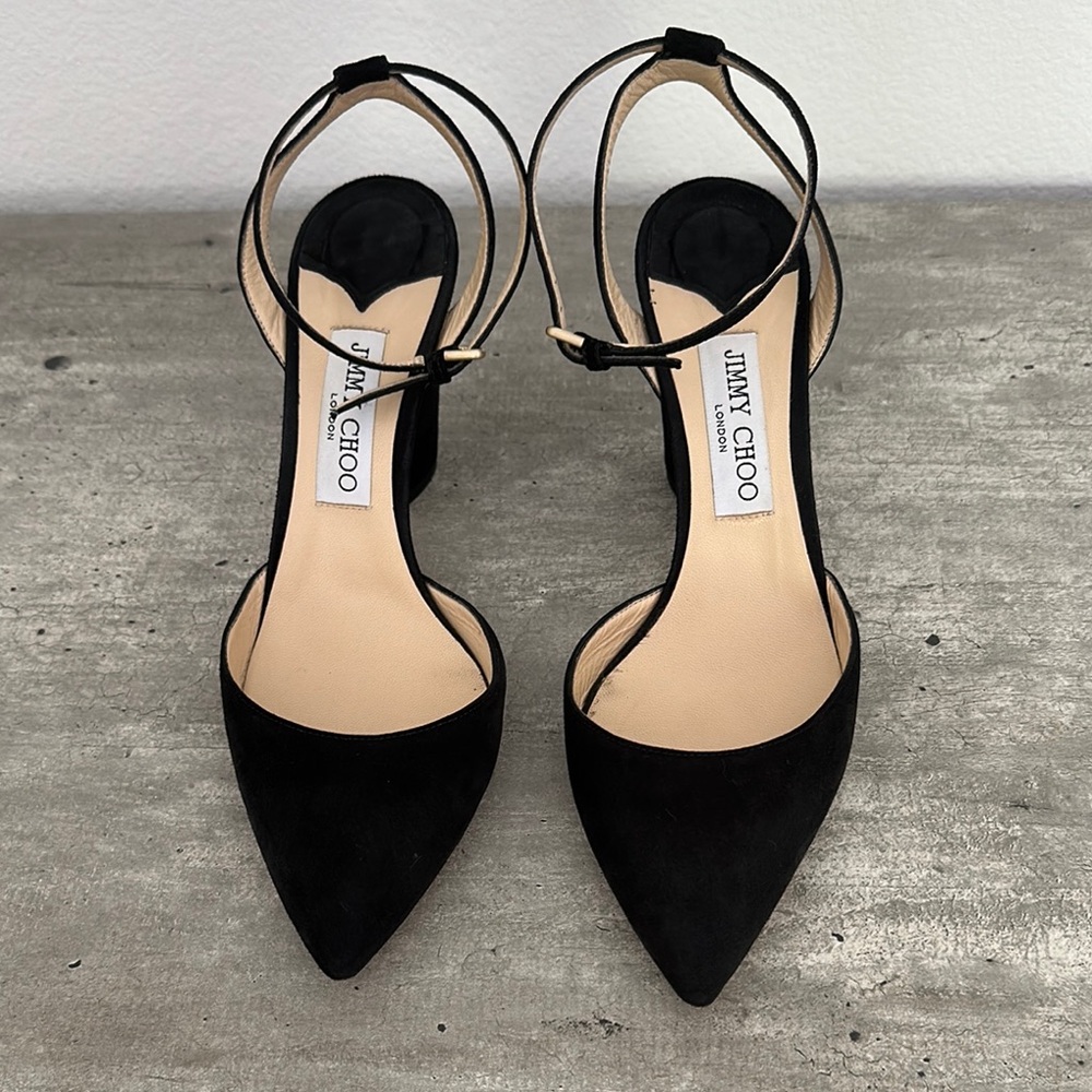 Jimmy Choo Black Suede Block Heels Ankle Strap Pointed Toe Shoes Size 39 1/2